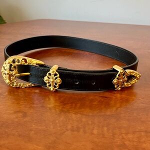 Vintage Express Concho Belt Womens Black Ornate Brass Metal Leather Medium